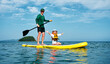 © Aboltin - A father rides his little daughter in a life jacket on a big yellow SUP board in the sea. Active outdoor recreation for the whole family.