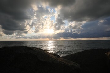 Wall Mural - picturesque view of sky with heavy rainy clouds over sea
