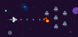 © VRTX - 8-bit pixel game Space battle concept in pixel art style. Retro 8-bit computer game. Vintage Arcade Game scene. Pixelated Space arcade elements template vector illustration