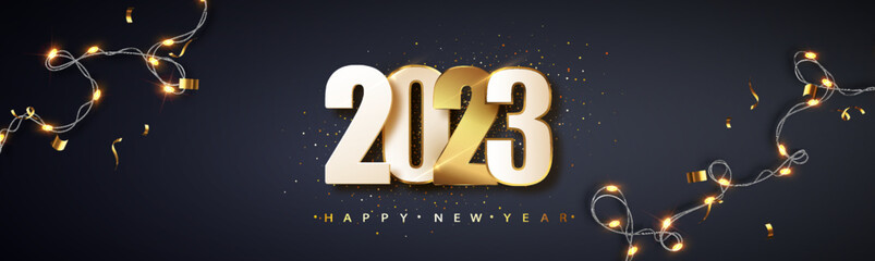 Wall Mural - 2023 happy new year greetings. luxury illustration on dark background with luminous led garland. fes