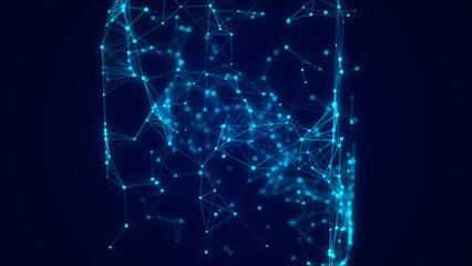 Poster - Abstract blue cube with connecting dots and lines. Big data visualization. Blockchain technology concept. Wireframe network connection structure. 3d rendering.