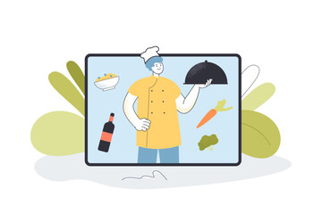 Wall Mural - Chef holding tray of food on tablet screen. Man in uniform serving online order with delicious meal flat vector illustration. Food delivery concept for banner, website design or landing web page