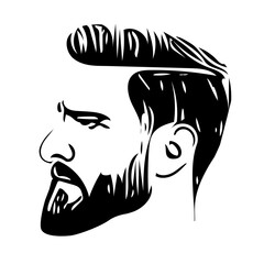 Barber shop, logotype drawn portrait of attractive man with beard. Male face profile