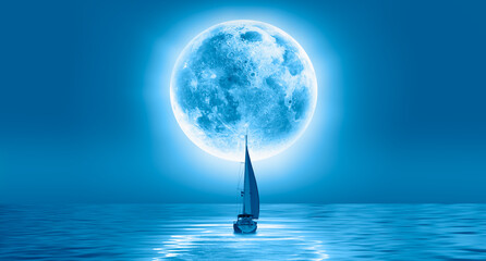 Poster - Lone yacht with Super Full Moon 