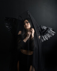 Wall Mural - portrait of beautiful asian model with dark hair, wearing black gothic skirt costume, angel feather wings with horned headdress. Posing with gestural hands  on dark silhouette  studio background.
