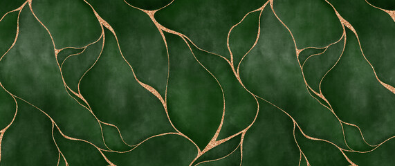 green watercolor background with golden line and liquid marble texture. abstract leaf print. modern 