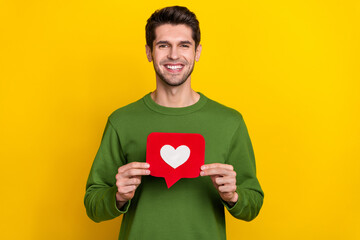 Poster - Photo of charming sweet guy dressed green pullover holding heart like sign isolated yellow color background