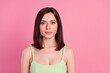 © deagreez - Photo of adorable charming young lady wear green dress smiling empty space isolated pink color background