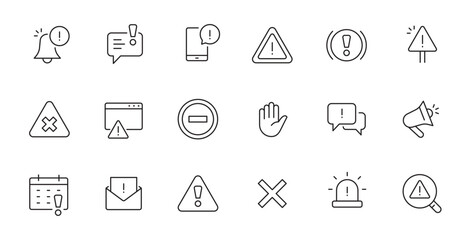 Alert, risk sign line icon set. Caution, warning, exclamation mark thin editable line stroke icon. Alert information, accident notification vector illustration.