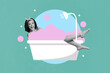 © deagreez - Composite collage picture of excited overjoyed girl black white gamma lay bathtub pink foam bubble isolated on creative background