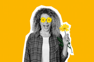 Sticker - Portrait of excited girl black white effect flowers instead eyes open mouth isolated on yellow background