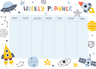 Wall Mural - space weekly planner with rockets and ufo. scandinavian cosmic design of timetable for kids.