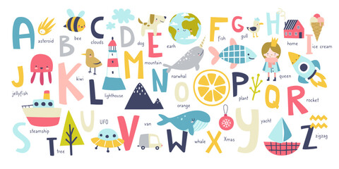 Wall Mural - cute english alphabet for kids with naive doodle pictures. abc learning cartoon poster for nursery w