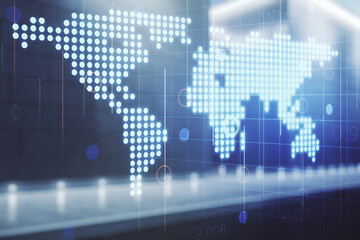 Wall Mural - multi exposure of abstract creative digital world map hologram on modern business center exterior ba