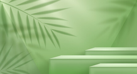 Wall Mural - Green pedestal podium background for products display presentation with leaf shadow.