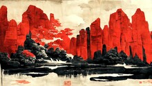 Traditional Painting Chinese Ink Red Landscape. Painting Of Hills, Trees On A Textured Paper. Old Asian, Japanese Design. 4k Drawing. Beautiful Artwork.