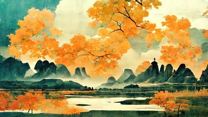 Wall Mural - Autumn, fall, traditional chinese painitng. 4K background, chinese ink with orange colors. Old asian art. Landscape, orange trees, hills, mountains on paper.