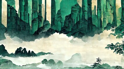 Green and black traditional chinese ink wallpaper. 4K painting, brush of an oriental landscape.