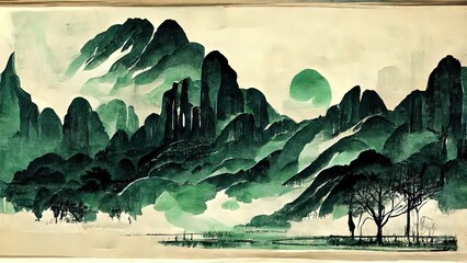 green and black traditional chinese ink wallpaper. 4k painting, brush of an oriental landscape.