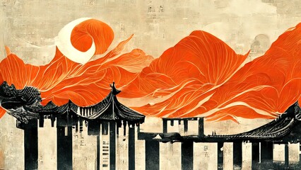 autumn, fall, traditional chinese painitng. 4k background, chinese ink with orange colors. old asian