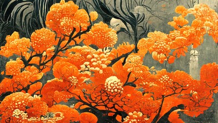 Autumn, fall, traditional chinese painitng. 4K background, chinese ink with orange colors. Old asian art. Landscape, orange trees, hills, mountains on paper.