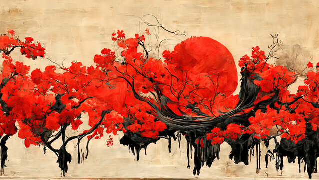 Wall Mural -  - Traditional painting chinese ink red landscape. Painting of hills, trees on a textured paper. Old Asian, japanese design. 4k drawing. Beautiful artwork.