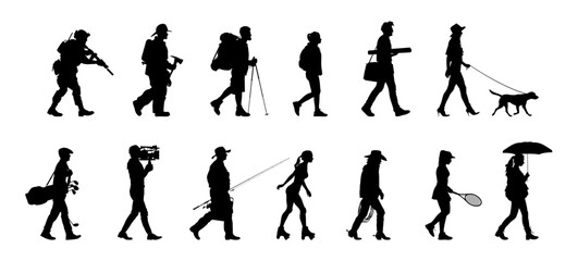 Set of silhouette. Black people on white background. Profile walking men and women. Vector illustration