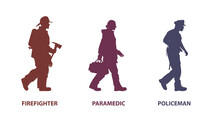 Set Of Silhouette. Profile Walking Rescue Team. Firefighter. Paramedic, Policeman. Vector Illustration