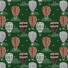 Pattern Of Burnt Amber, Dark Sienna And Spanish Gray Color Hot Air Balloons With Amazon Color Clouds On Forest Green Traditional Background. 