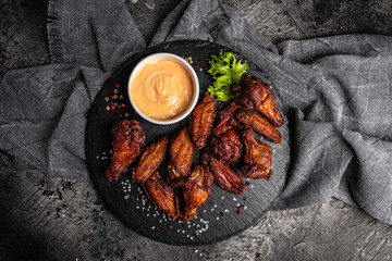 Wall Mural - Baked chicken wings with sauce. Food background, copy space. Top view