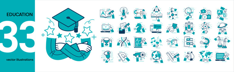 Wall Mural - concept illustration set. collection of different education scenes and situations. human hands with 