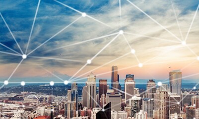 Wall Mural - connection lines and skyscrapers in city background global network concept