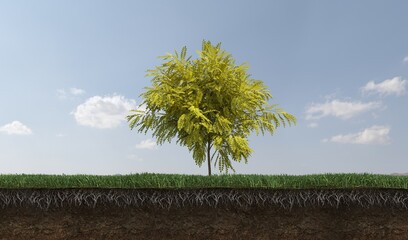 Wall Mural - Deciduous tree and soil cut under it, 3d render