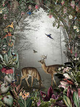 Forest Landscape Arch Background Of Trees, Plants, Deer And Birds In Vintage Drawing Style