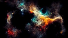 Nebula. 4k Digital Painting Of Space. Stars, Colorful Nebulous Nebulae. Black, Dark Wallpaper. Futuristic Background. Galaxy.
