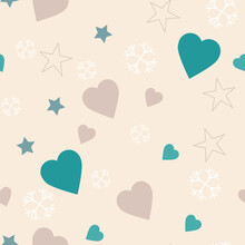 Seamless Pattern Of Stars And Hearts On A Beige Background. Print For Children's Clothing, Textiles, Etc.