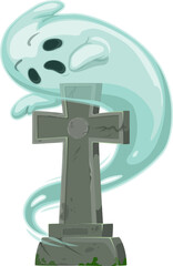 Wall Mural - Cartoon ghost at gave tombstone on old cemetery