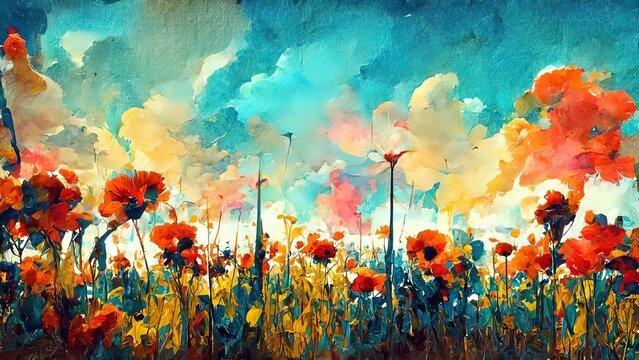 Wall Mural -  - Painting of colorful flowers. 4k background illustration. Blue sky. Watercolor, acrylic drawing. Green, red and orange colors.