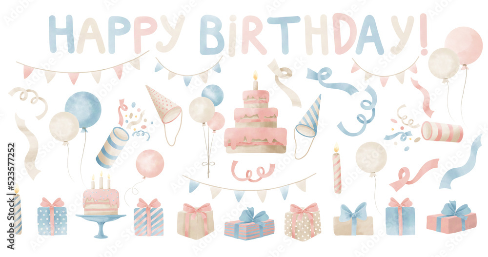Birthday Watercolor set with Cake, hot air Balloons, garlands, presents ...