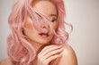 Soft-Girl Style with Trend Pink Flying Hair, Fashion Make-up. Blond Woman Face with Freckles, Blush Rouge, Rose Color