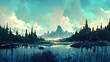 Forest and mountains digital painting. 4K background, wallpaper of forest, trees, pines, clouds, mountains and sunset over a lake. Beautiful drawing, sketch of digital nature landscape.