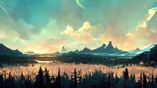 Forest And Mountains Digital Painting. 4K Background, Wallpaper Of Forest, Trees, Pines, Clouds, Mountains And Sunset Over A Lake. Beautiful Drawing, Sketch Of Digital Nature Landscape.