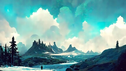 Digital painting, winter in the forest illustration. 4K wallpaper of national park. Background with trees, water, lake,  snow, mountains and clouds. Colorful blue landscape.