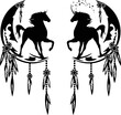 mythical mustang and unicorn horse standing at moon crescent decorated with ethnic feather ornament - dream catcher black and white vector design set
