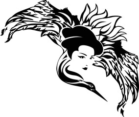 Wall Mural - flying japanese crane bird with spread wings and beautiful geisha woman head - black and white vector design