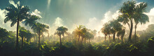 Exotic Tropical Palm Forest At Sunset, Sun Rays Through Leaves, Shadows. Tropical Forest, Exotic Forest Background, Green Oasis. 3D Illustration.