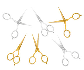 set of realistic opened and closed silver and gold metal hair scissors