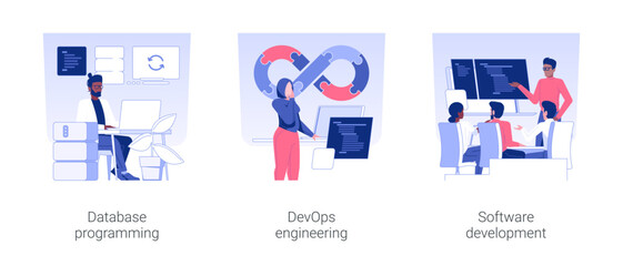 Wall Mural - back end development isolated concept vector illustration set. database programming, devops team, ap
