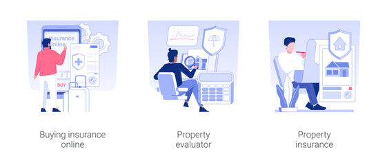 Wall Mural - insurance industry isolated concept vector illustration set. buying policy online, property evaluato