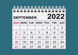 Fototapeta  - Icono de calendario. Hoja de calendario del mes de septiembre del año 2022 con el formato anglosajón o inglés